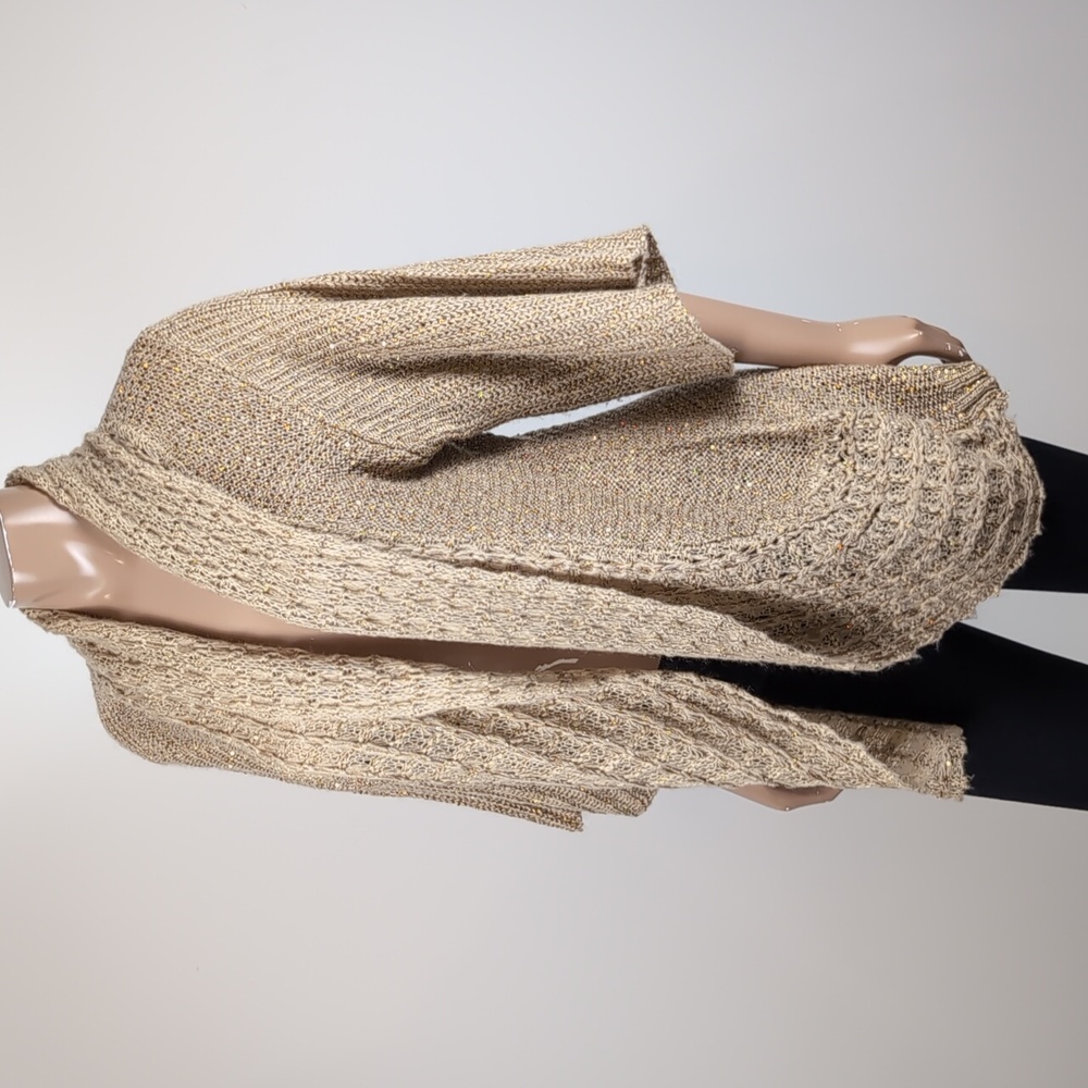 Orange Cocoon Cardigan Sweater Open Knit Flare Sleeve Metallic Gold Neutral